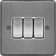 WRPS32BSW - 10AX 3 Gang 2 Way Wall Switch Brushed Steel White Insert