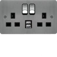 WFSS82BSB-USBS - 13A 2 Gang Double Pole Switched Socket c/w Twin USB Ports Brushed Steel Black sh