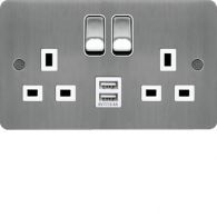 WFSS82BSW-USBS - 13A 2 Gang Double Pole Switched Socket c/w Twin USB Ports Brushed Steel White sh