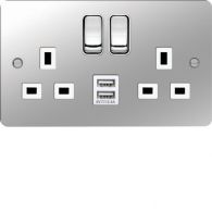 WFSS82PSW-USBS - 13A 2 Gang Double Pole Switched Socket c/w Twin USB Port Polished Steel White sh