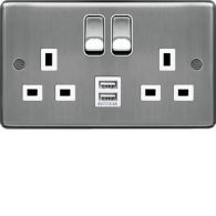 WRSS82BSW-USB - 13A 2 Gang Double Pole Switched Socket c/w Twin USB Ports Brushed Steel White sh