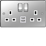 WRSS82PSW-USB - 13A 2 Gang Double Pole Switched Socket c/w Twin USB Port Polished Steel White sh